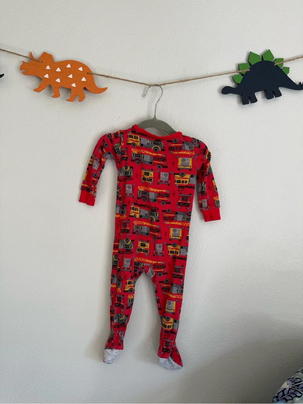 Vintage Kids One-Piece Footed Pajamas with Fire Truck Print